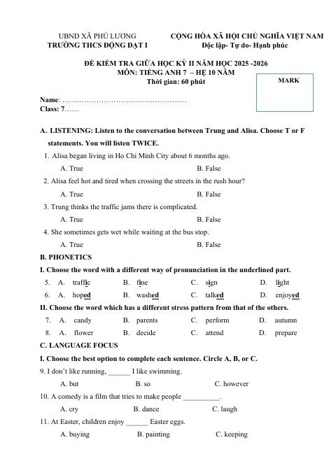 Đề thi Giữa kì 2 Tiếng Anh 7 năm 2025-2026 trường THCS Động Đạt I (Thái Nguyên)
